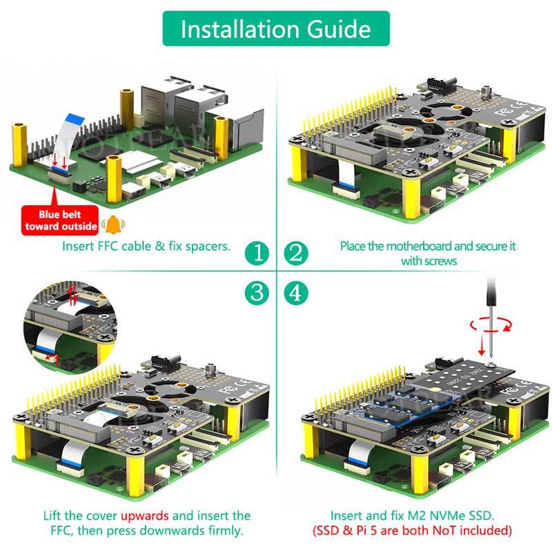 Raspberry Pi 5 PCIe To M.2 NVMe SSD 2280 Expansion Board with Dual Fans