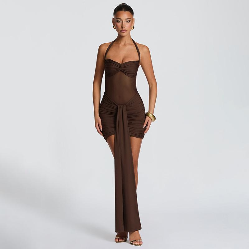 Women Casual Solid Color Mesh Patchwork Twisted Halter Short Bodycon Dress
