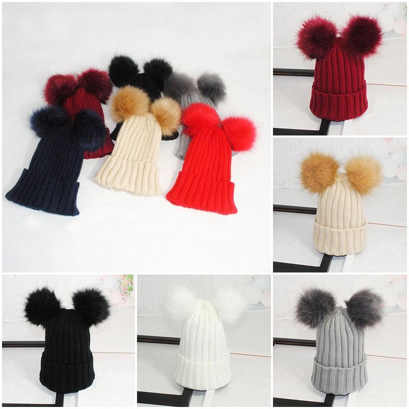 Ladies Women Winter Knitted Beanie Hat With Fluffy Double Fur Bobble Pom Ski Cap