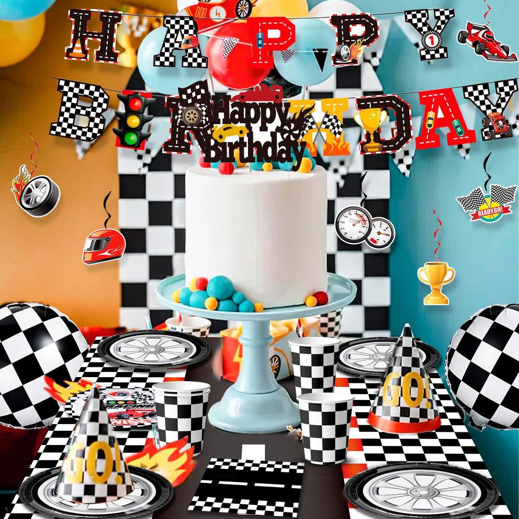 Rennauto-Geburtstagsdekorationen, Rennauto-Geburtstagsparty-Dekorationen, Partygeschirr-Set, Geburtstagsteller, Servietten, Luftballons, hängende Wirbel usw.