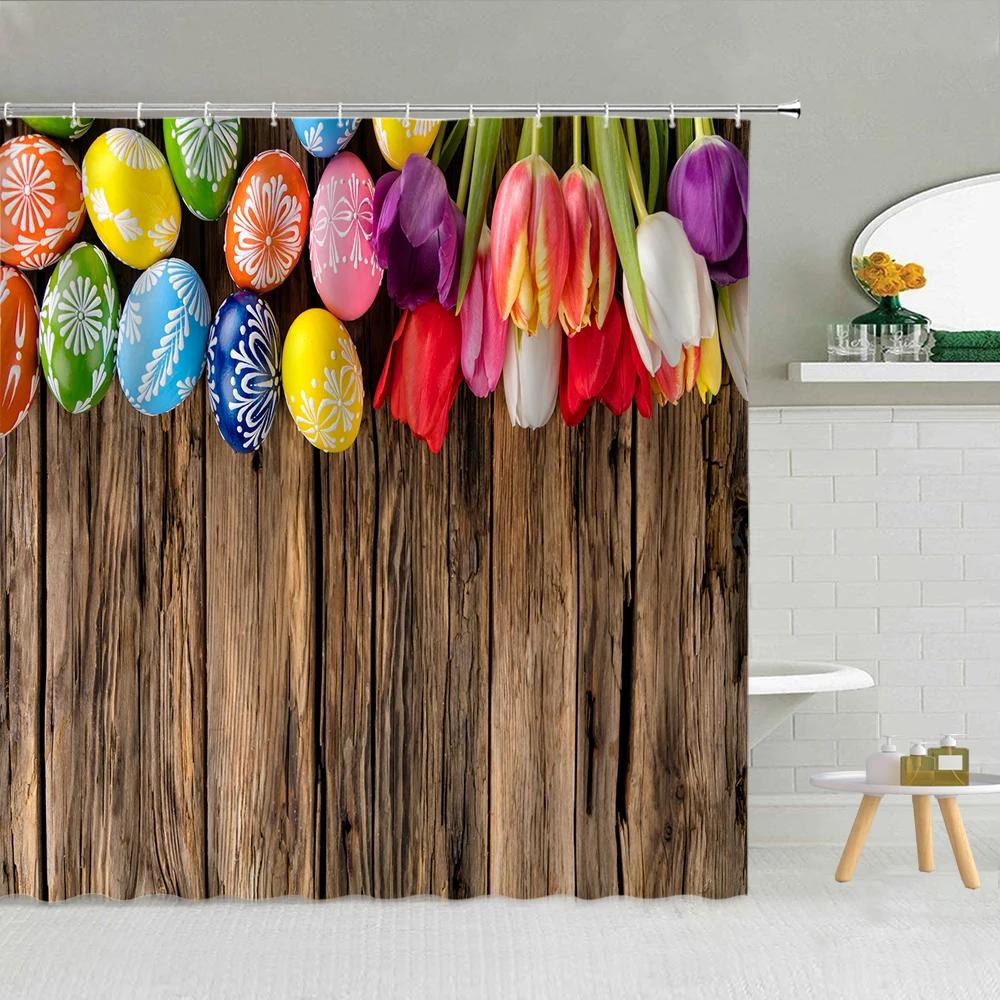 Funny Bunny Easter Shower Curtain Rabbit Colorful Egg Flower Wood Striped Backdrop Bathroom Decor Washable Fabric Hooks Curtains