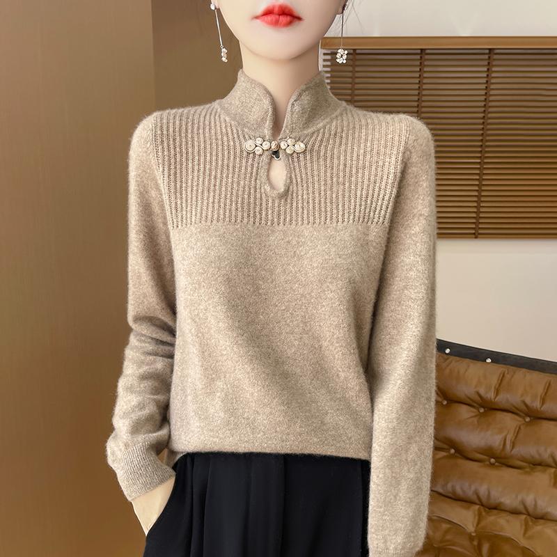 Women Sweater Mandarin Collar Pullover Chinese Style Knitwear Retro Elegant Long Sleeve Clothing Tops