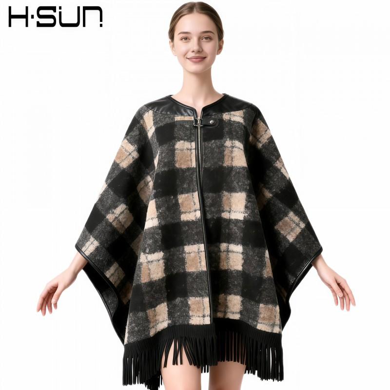 Womens Knitted Cape Sweater With Fringe Trim Retro Plaid Patchwork Street Style Winter Outerwear