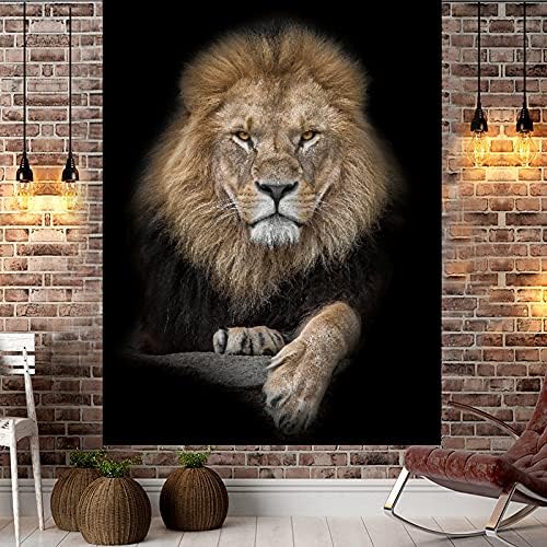 Dark Background Lion Portrait Tapestry, Cool Majestic Wild Animal Print Wall Art for Bedroom Living Room Dorm Apartment Decor