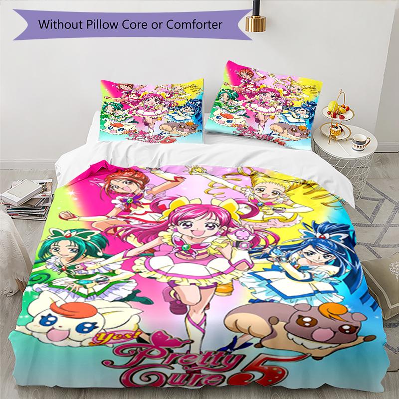 3pcs Pretty Cure2 Design Cover Set - HD Printed Bedding with 1 Cover and 2 Pillowcases - Perfect for Home and Dorm Decor