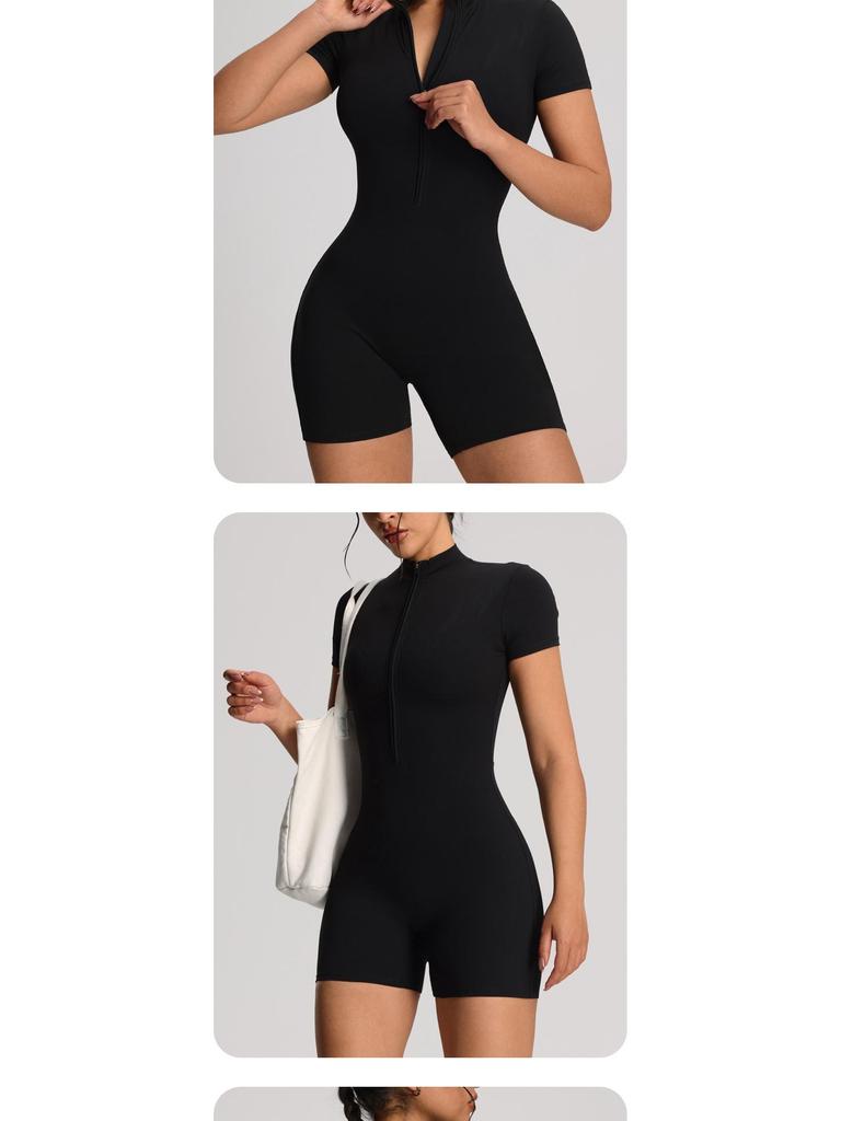 European Style Zipper Short-Sleeve Yoga Jumpsuit - Women's Tight-Fitting Running & Fitness One-Piece