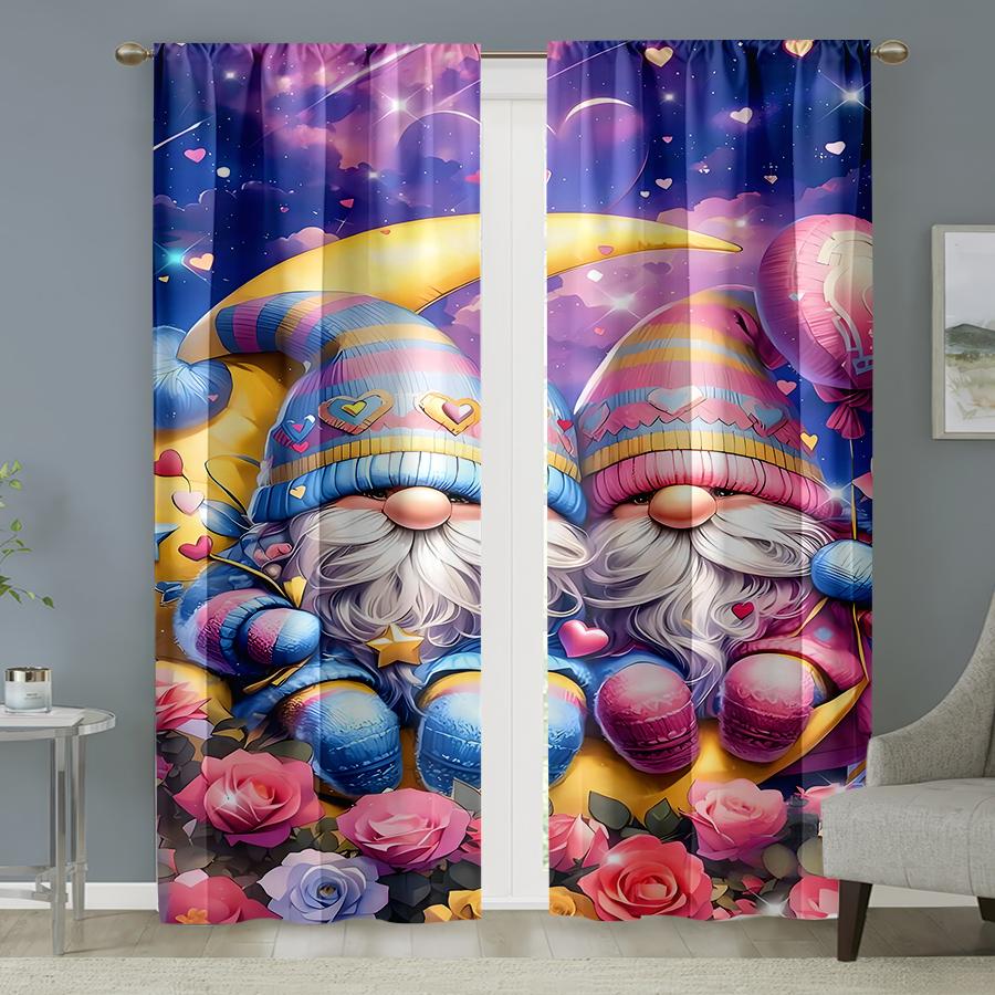 2pcs Colorful Love Gnome & Rose Curtains, Perfect for Valentine's Day Window Decor, Whimsical Home Bedroom Living Room Decor