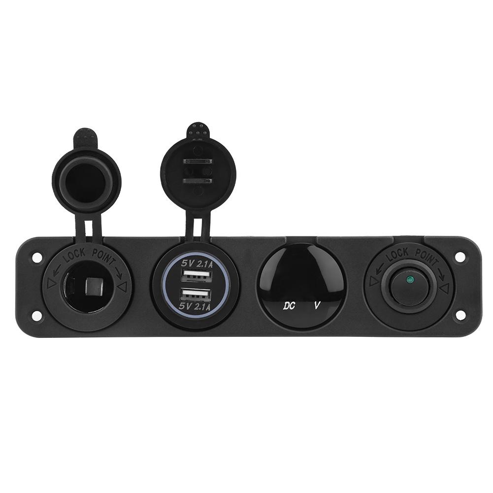 12 24V Green LED Dual USB Charger Voltmeter Cigar Lighter Power Outlet 4 Hole Panel Switch