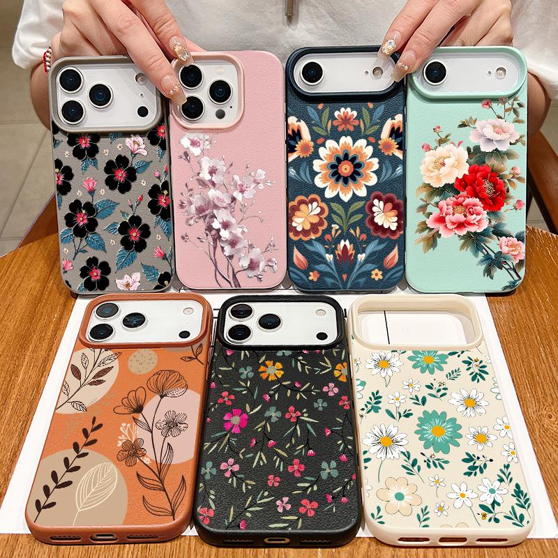 Cartoon Daisies Flower Pattern Case For iPhone 17 Pro Max iPhone 16 15 14 13 Pro Max 11 17e 16e Luxury Leather Texture Soft Silicone Matte Cover