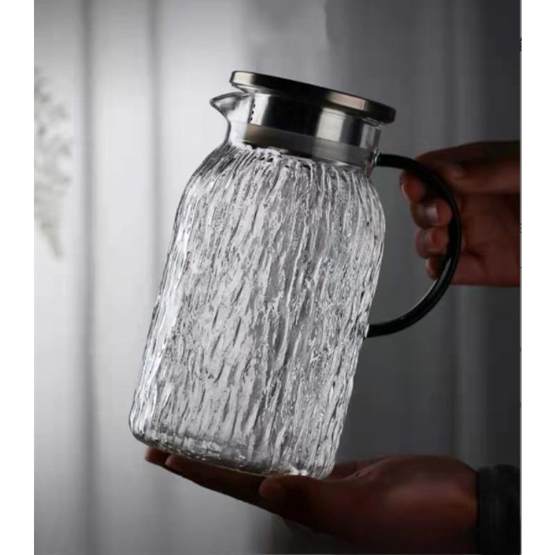 Japanese Style Glass Cold Water Kettle Wooden Cover Bark Pattern Glass Juice Drink Kettle Set Large Capacity Cooling Boiled Water Kettle
