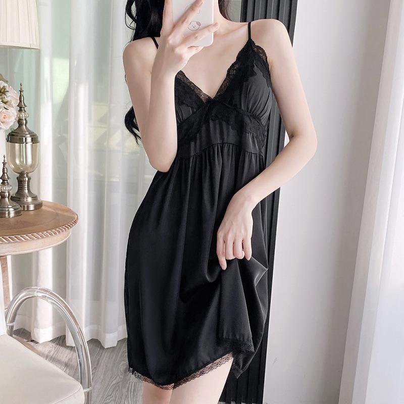 1011 spring, summer and autumn new ice silk sexy pajamas women's pure desire lace high waist and thin hanging skirt with chest pad nightgown