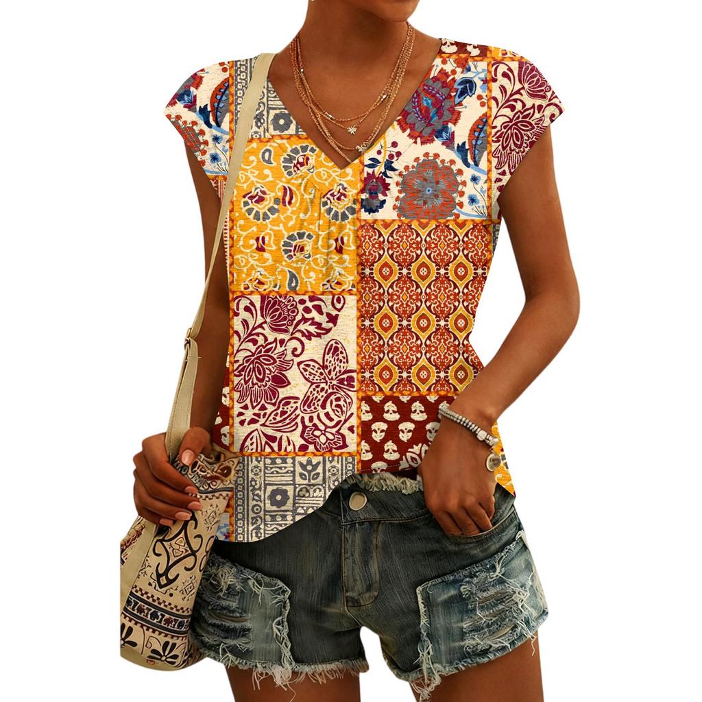 Women's Fashion V-neck Bohemian Print Short Sleeve Top