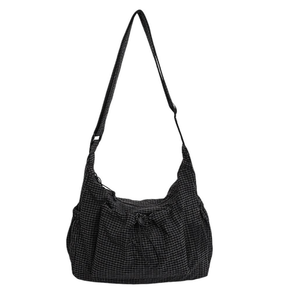 Adjustable Strap Plaid Crossbody Shoulder Bag Pleated Zipper Large Capacity Drawstring Handbag Tote Cloth чёрный