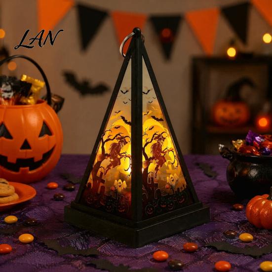 Vintage Style Table Lamp Halloween Lantern LED Candle, Spooky Pumpkin Witch Tabletop Decor with Retro Triangular Wind Metal Hanger, Electronic