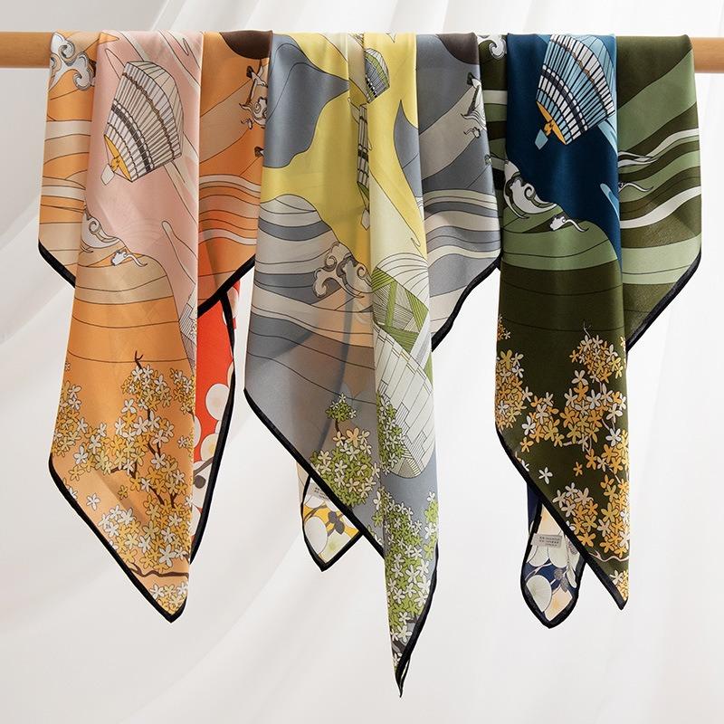 Mulberry Silk Scarf Spring and Summer Versatile Flower Language Black and White Printed Yarn Sunscreen Shawl Girls Gift