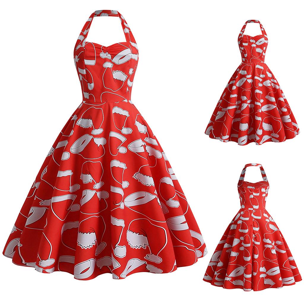 Buy Women Christmas Dress Vintage Retro Christmas Hat Print Dress at