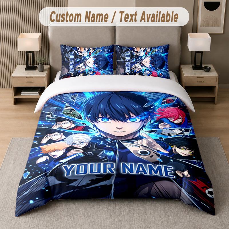 Blue Lock 3Pcs Bedding Set, Personalized Custom Name Text, 1 Duvet Cover & 2 Pillowcases For Bedroom