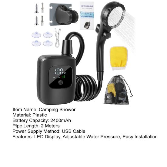 Przenośny prysznic kempingowy z wyświetlaczem LED, bateria 2400 mAh, czas użytkowania 180 min, 4 tryby prysznica, regulowane ciśnienie wody, szybkozłączka, pompa prysznicowa outdoor
