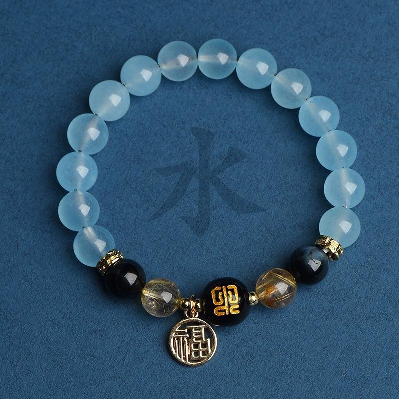 Gold, Wood, Water, Fire, Earth Five Elements Bracelet, Natural Crystal Bracelet for Men and Women, Obsidian Bracelet Five Elements Supplement