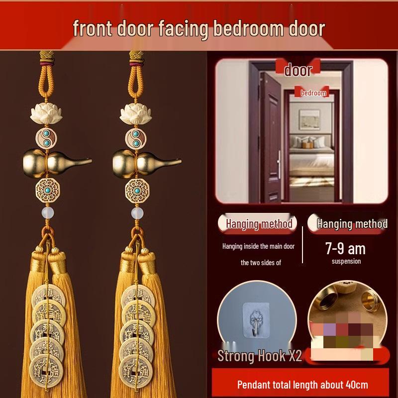 Brass Gourd Pendant with Five Emperor Coins - Boxwood Accessories for Door or Car Hanging Ornament