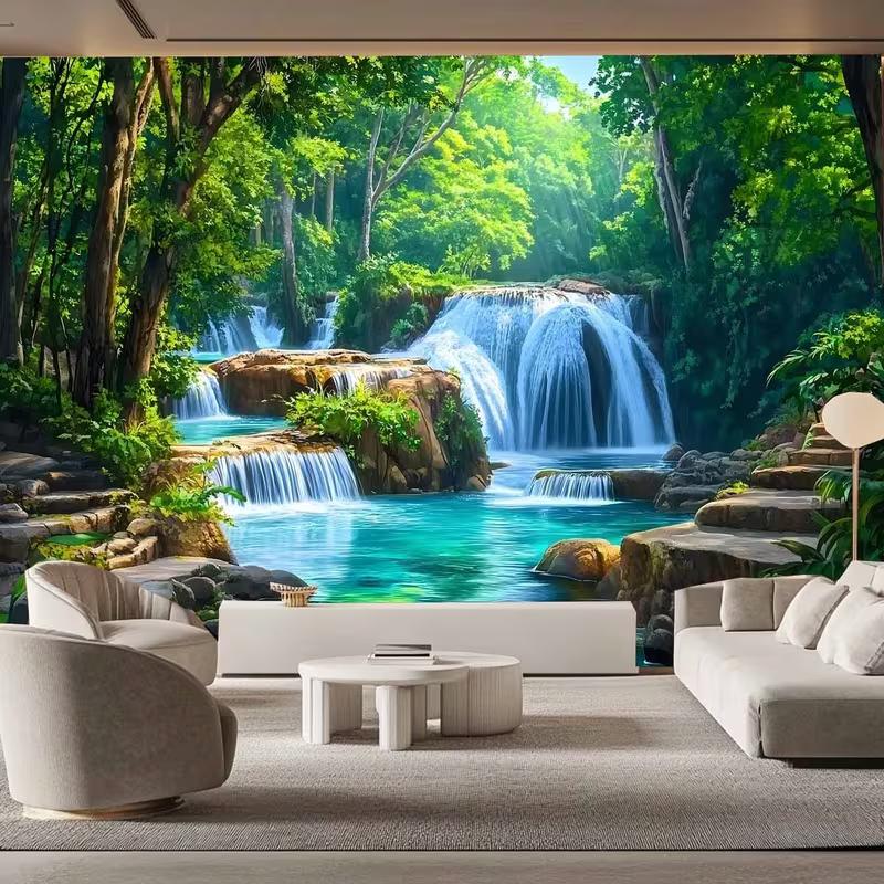 2D Turquoise Pool Waterfall Backdrop Lush Tropical Forest Photography Background Cloth