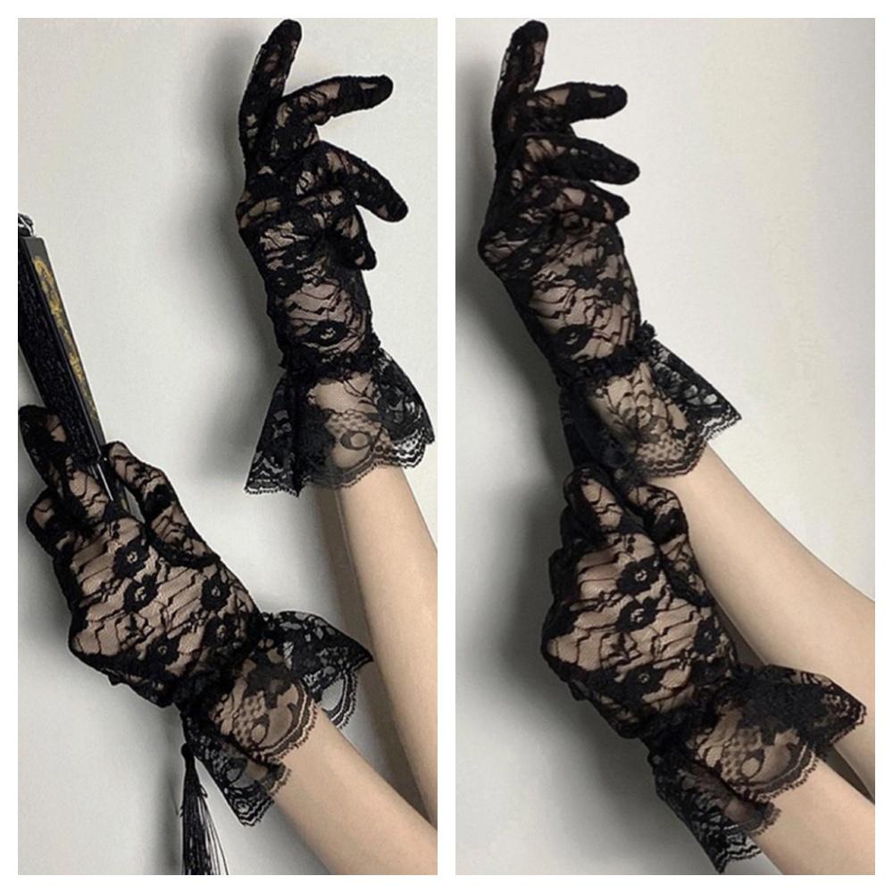 Gants en Dentelle Noirs et Blancs pour Accessoires de Costume d'Halloween Femme Gants Fins en Maille Florale à Volants Mitaines en Dentelle à Doigts Entiers