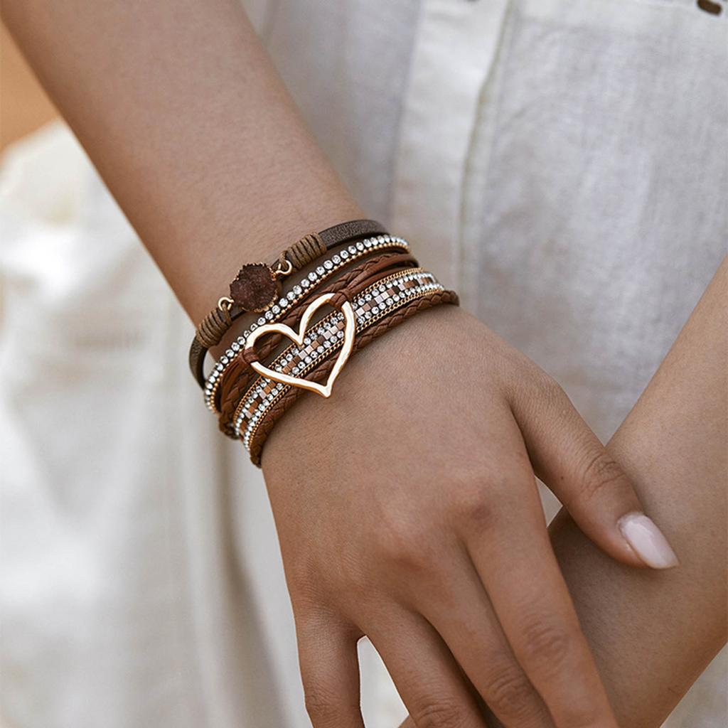 Elegant Heart Leather Wrap Bracelets Stackable Bohomian Cuff Bangles Trendy Rhinestones Bracelets for Women and Girls