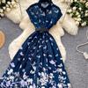 Summer Turn Down Collared Short-Sleeve Midi Dress Women's Elegant Butterfly Print Rangle Sleeve Slim Shirt Dress