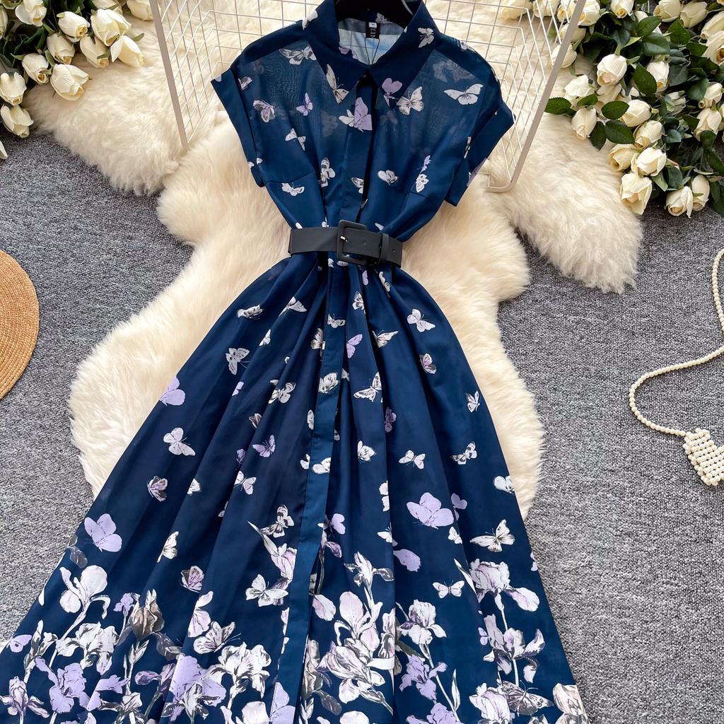 Summer Turn Down Collared Short-Sleeve Midi Dress Women's Elegant Butterfly Print Rangle Sleeve Slim Shirt Dress