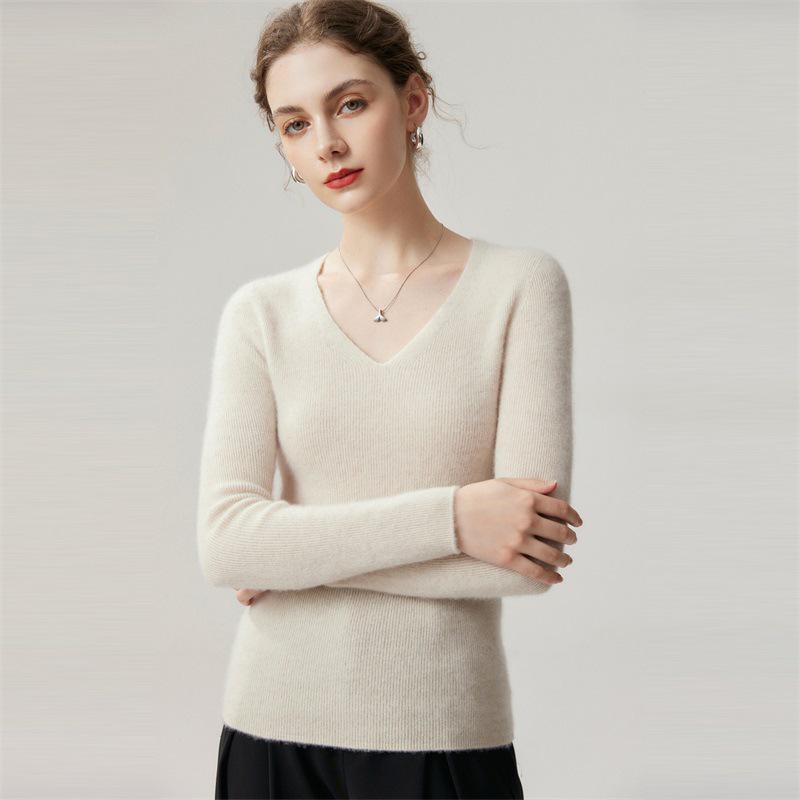 Women's 100% Cashmere Striped V-Neck Slim-Fit Sweater