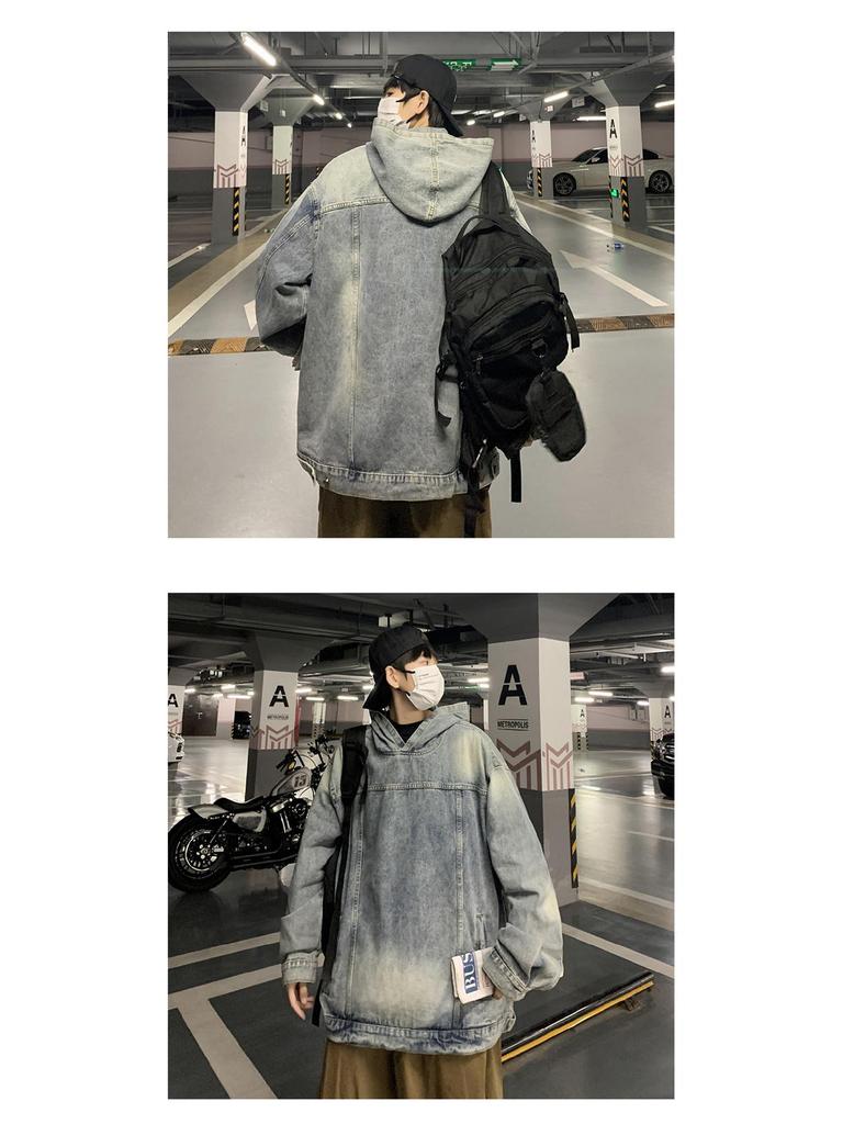 Men's Retro Denim Hooded Sweatshirt Jacket – Washed Distressed Look for Autumn/Winter