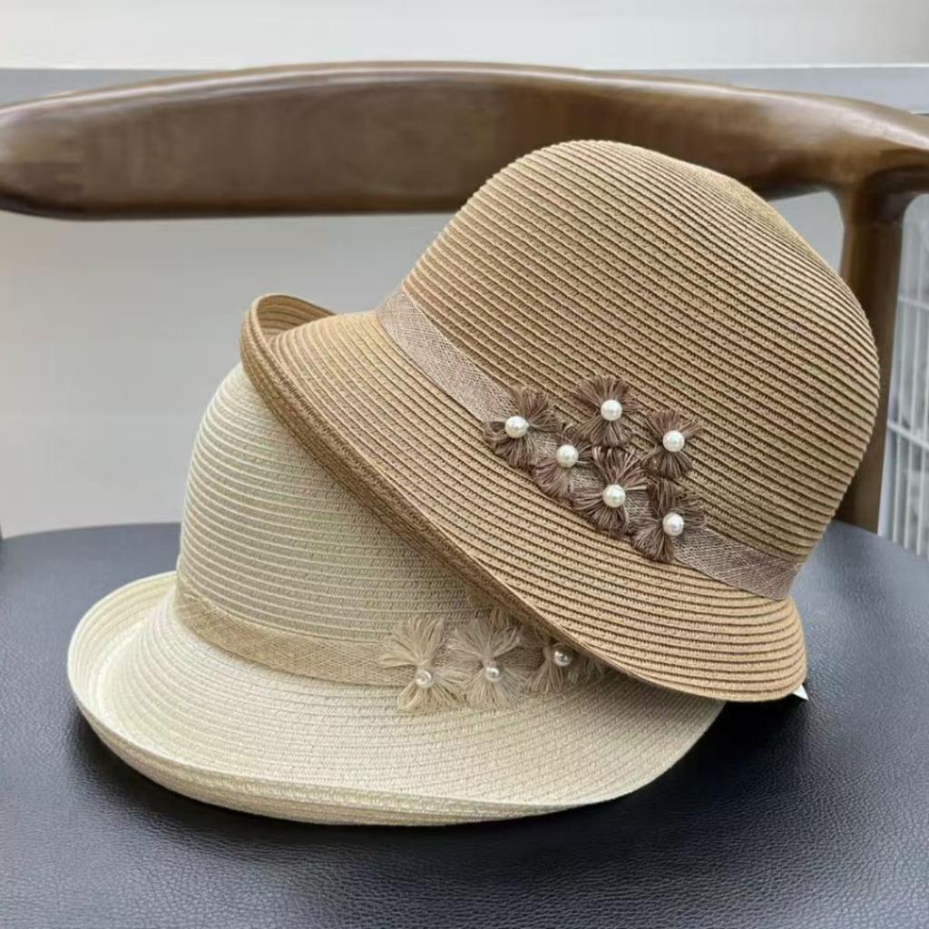 French handmade beads fine grass sunscreen bucket hat women's summer sunshade travel straw hat vacation travel elegant small pot hat