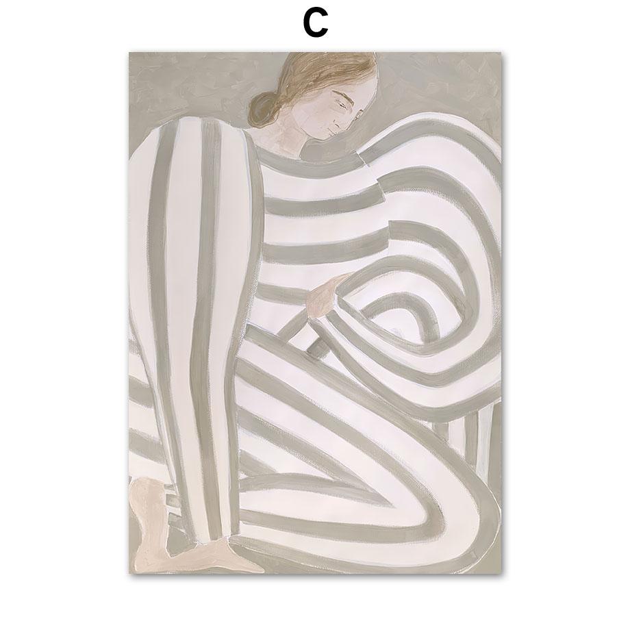 Abstract Line Striped Girl Art Print, Yayoi Kusama Canvas Painting, Flower Market Wall Pictures, Living Room, Home Decoration