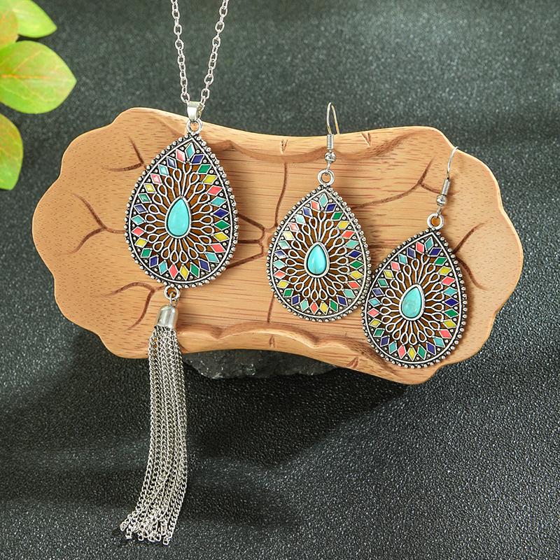 Ethnic Temperament Water Drop Earrings Necklaces Set for Women Vintage Hollow Drop Glaze Tassel Necklace Boho Female Jewelry