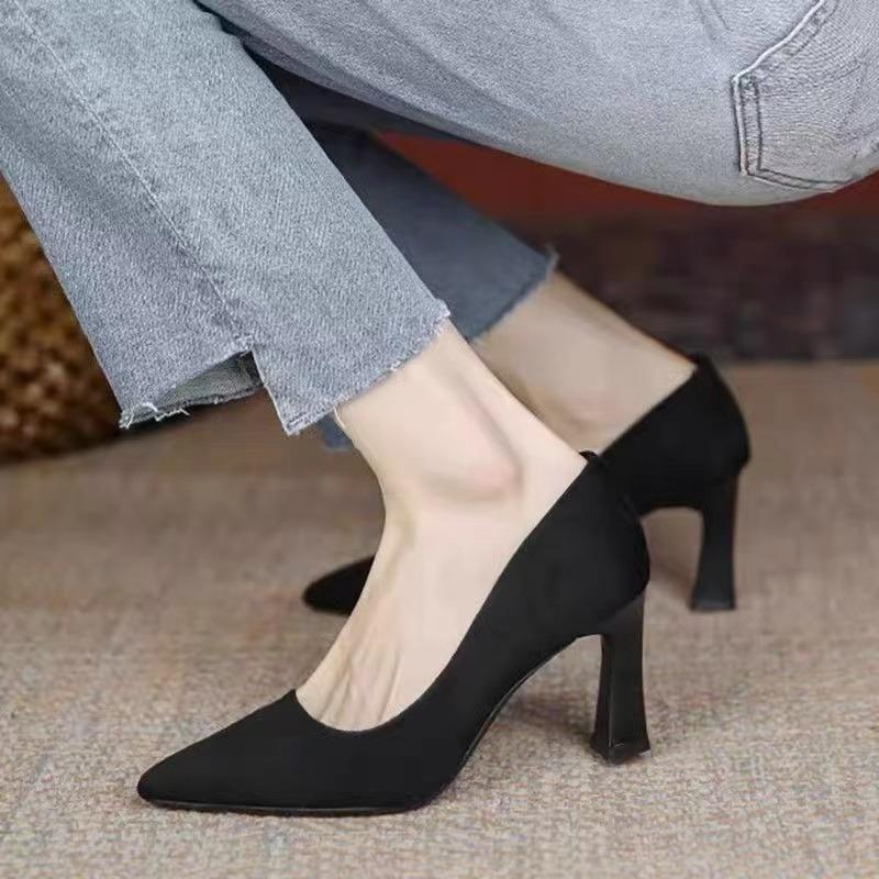 Flock Medium Heels Pumps Shoes for Women 2025 New Spring Thin Heel  Shoe Female Plus Size 43 Versatile Pointed Toe Shoes