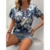 Women's Summer T-Shirt 3D Plant Flower Print Retro Fashion Casual Short-Sleeved Street Oversized V-Neck Women's Clothing