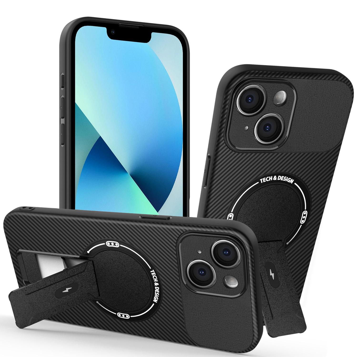 

For iPhone 13 Case with Kickstand Carbon Fiber Texture PC+TPU Phone Cover Black