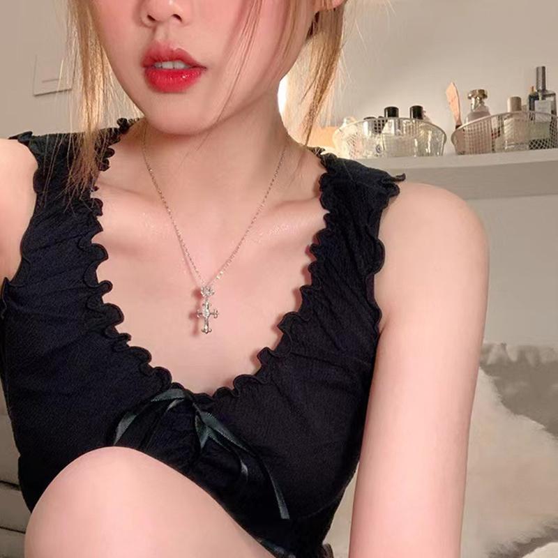 Punk Cross Pendant Necklace Sweet Cool Hip Hop Zircon Clavicle Chain For Women Girl Aesthetic Light Luxury Jewelry