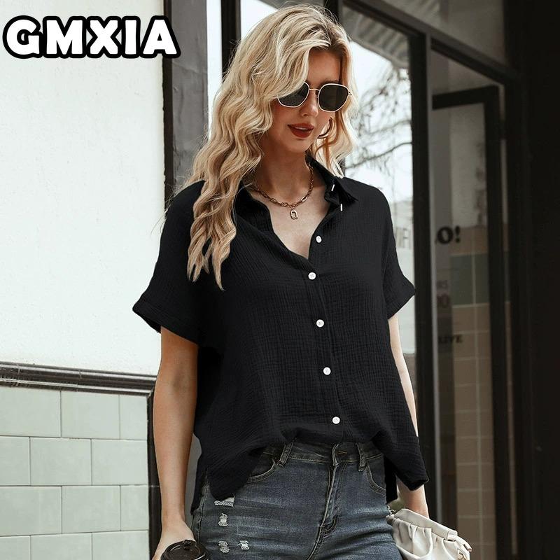 GMXIA Women's Fashion Casual Leisure Solid Color Print Short Sleeve POLO Neck Blouses & Shirts