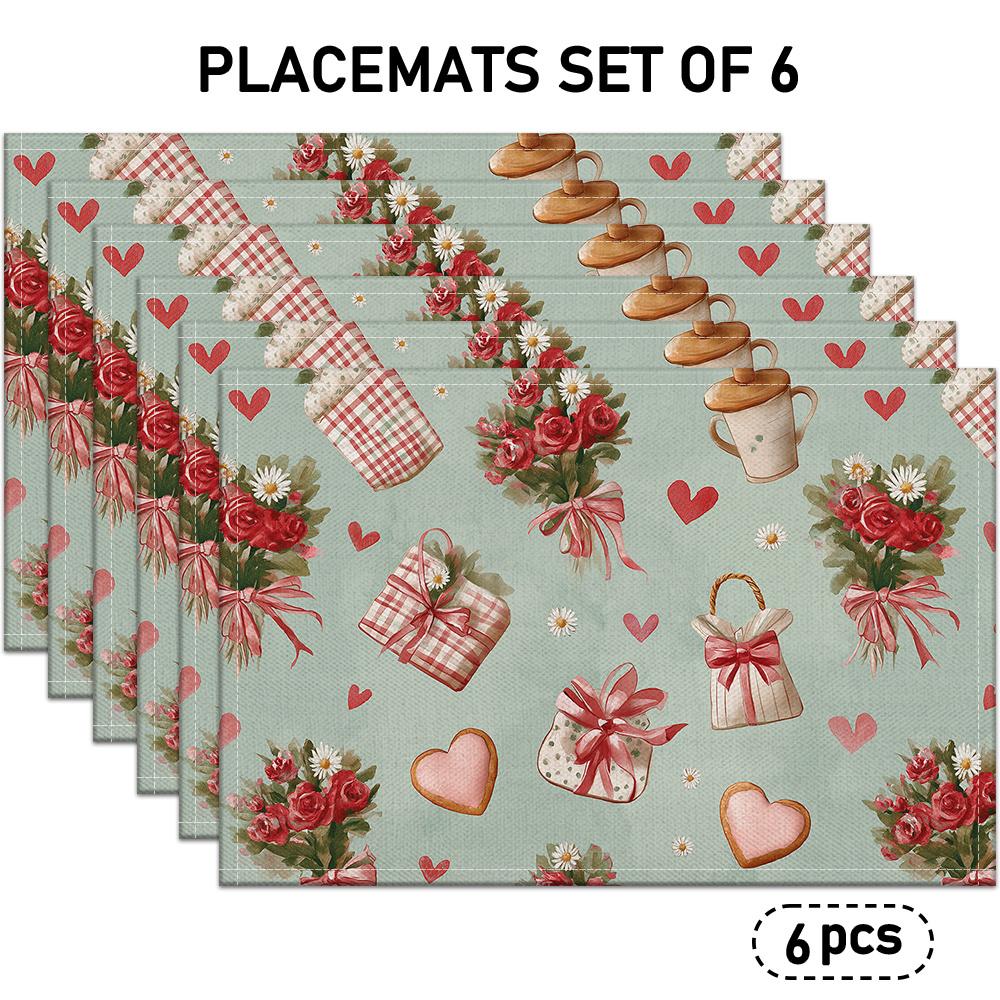 4/6pcs Valentine's Day Themed Placemats, Linen Placemats with Rose, Heart, Gift Box, and Teacup Patterns, Suitable for Indoor/Outdoor Party Dining Dec