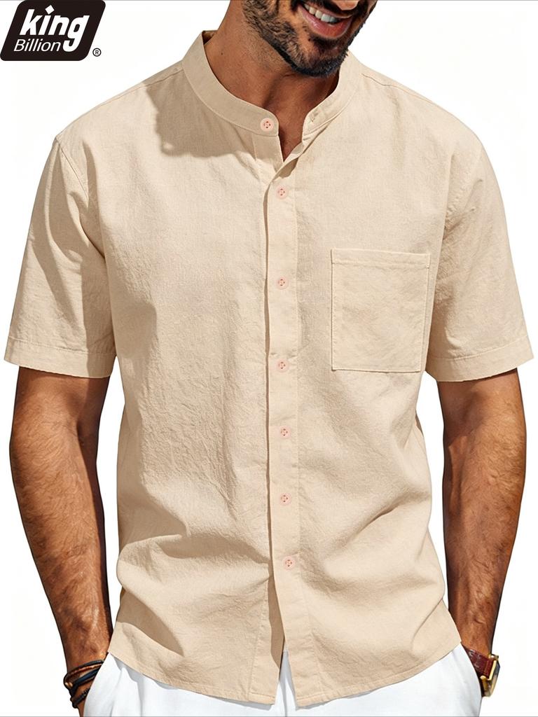 Casual Herenhemd met Korte Mouwen en Mandarijnkraag Lichtgewicht Linnen-Look Knopen-Down Top met Borstzak Ademend Zomer Strandvakantie Shirt