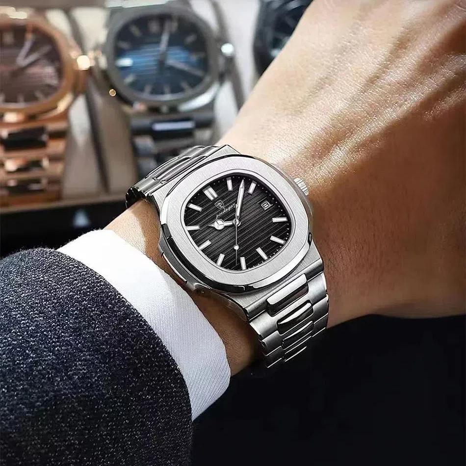POEDAGAR Relógio de luxo relógio de negócios à prova d'água relógio luminoso data aço inoxidável quadrado quartzo relógio masculino