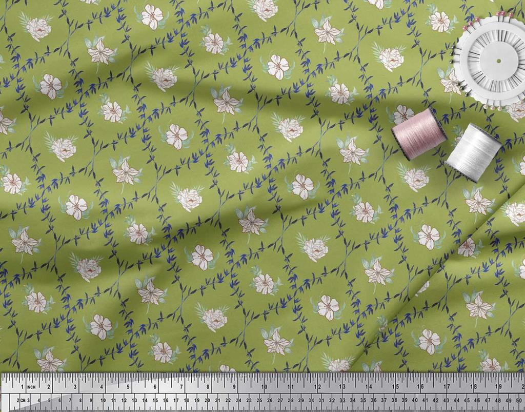 Soimoi Green Poly Crepe Fabric Azalea & Peony Damask Print Fabric by metre 42 Inch