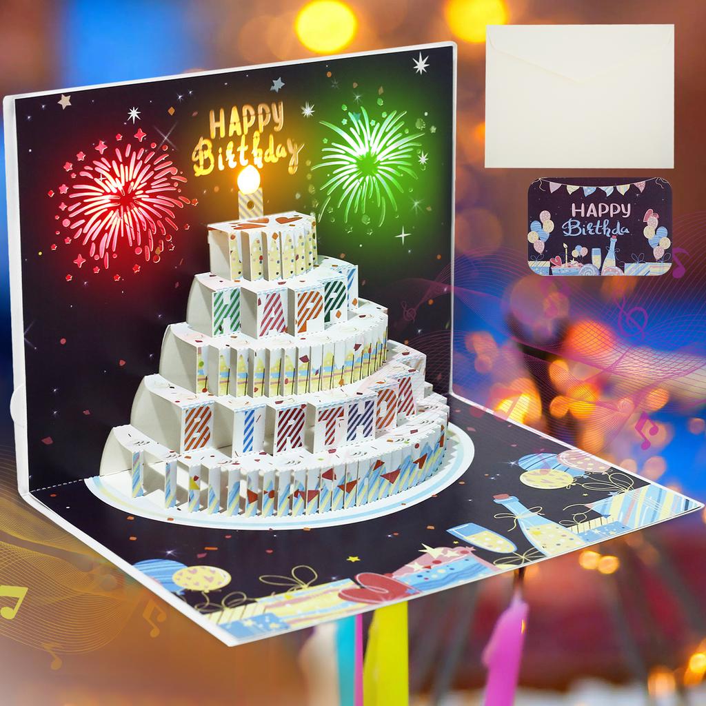 Feuerwerk Geburtstage Grußkarten Schöne Grußkarten mit Lichtern und Kuchen Musikalische Pop-Up Feuerwerkskarten Geburtstagsgeschenk