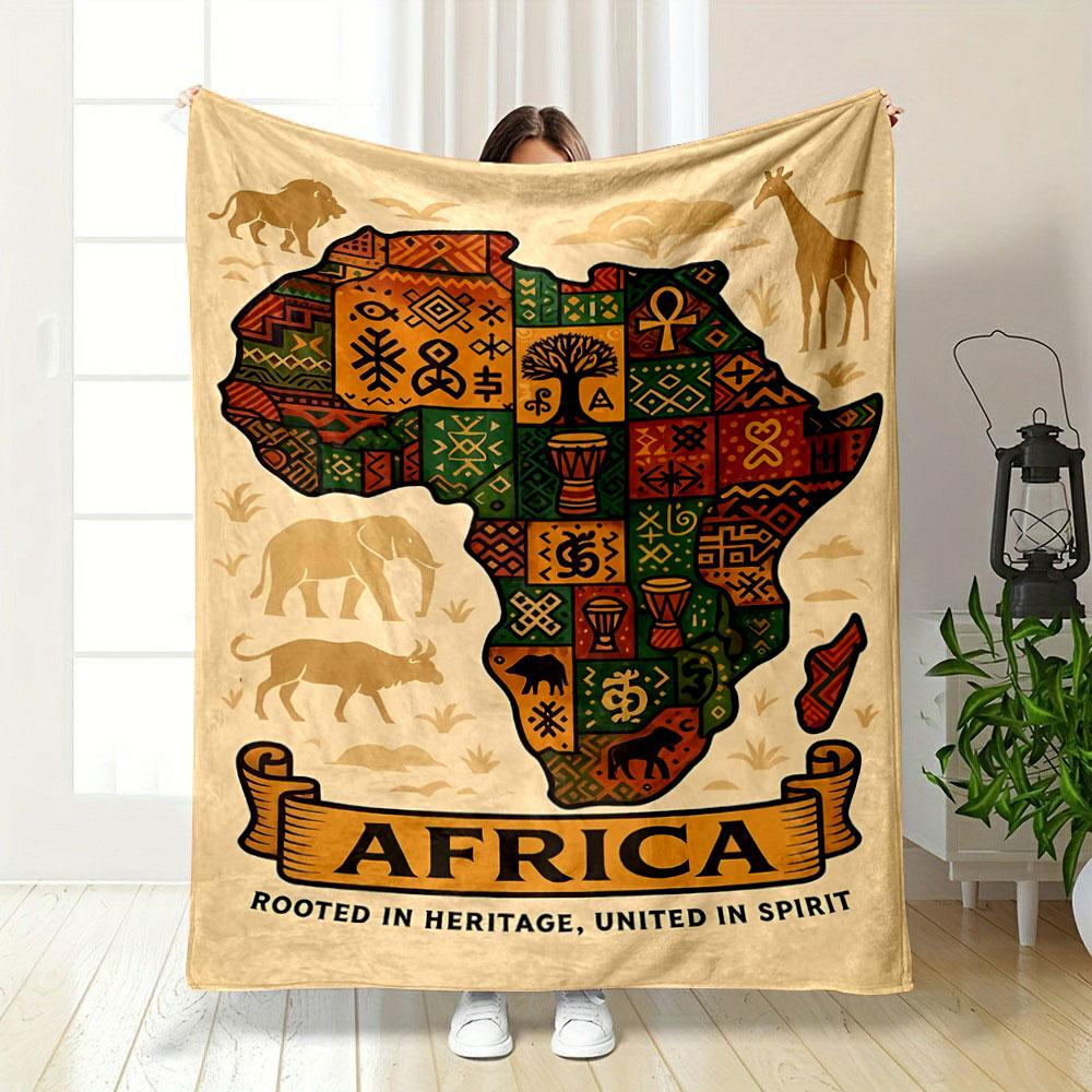 African Map Filled with Traditional Symbols, Patterns, and Cultural Motifs. for All Seasons Blanket Lunch Break Throw Gift