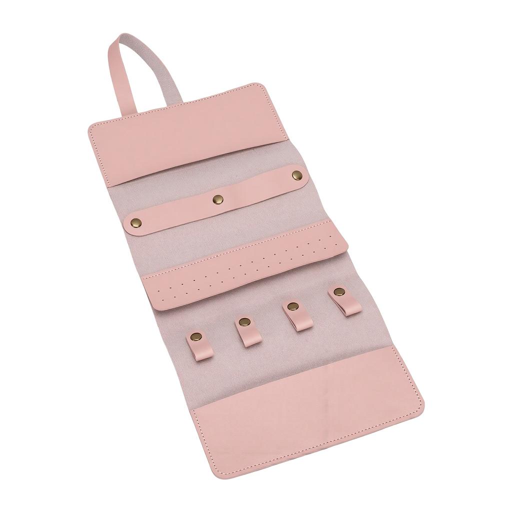 Travel Jewelry Bag Roll PU Leather Roll Up Jewelry Pouch with Multiple Pockets Pink