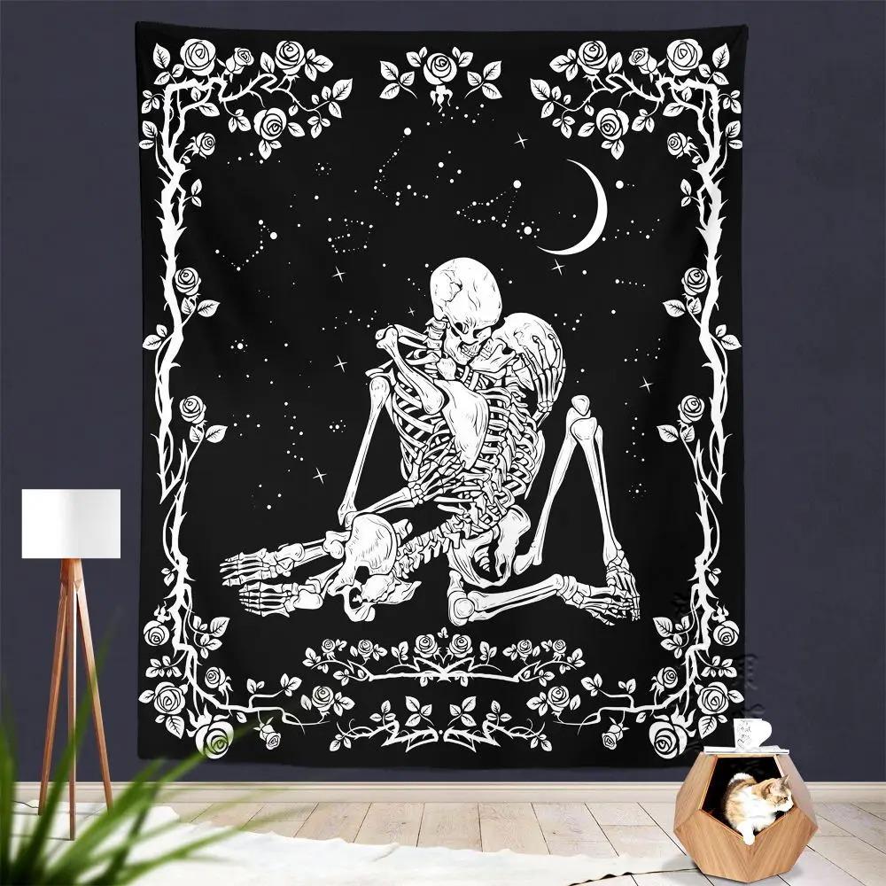 Black and White Couple Skull Background Pattern Tapestry Home Wall Decoration Tapestry Bedroom Living Room Tapestry