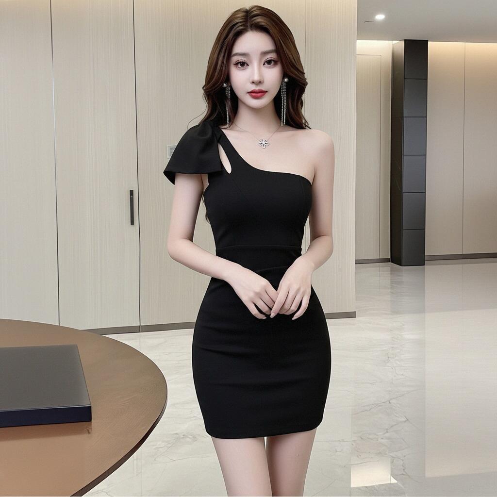 Slant shoulder bow hip skirt black hollow summer off-the-shoulder slim skirt banquet party slim skirt