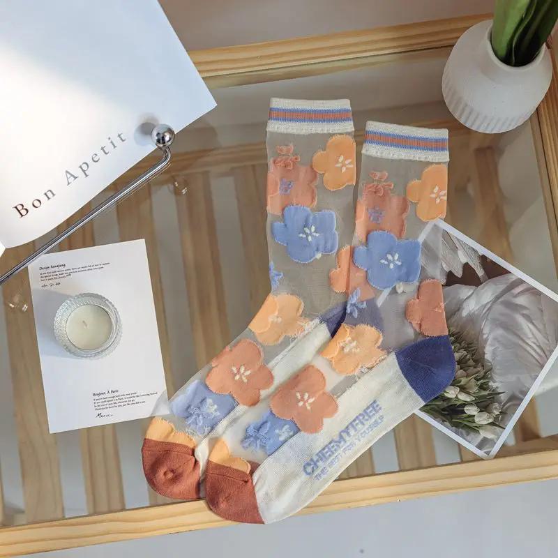 Summer Thin Mesh Stocks for Women Tulip Rose Flower Crystal Glass Silk Socks Korean All-match Light Visible Mid-calf Stocking