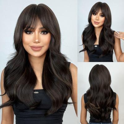 Long Wave Black Brown Highlights Wigs with Bangs for Women Synthetic Wig Natural Daily Party Hair Heat Resistant